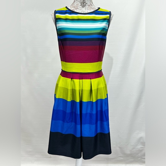 TAHARI Multi color sleeveless stripe scuba fit and flare dress‎ size 12. - Picture 1 of 14